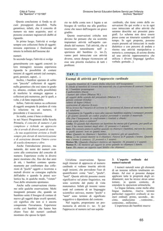 Questa conclusione si fonda su al-
cuni presupposti discutibili. Nulla
garantisce, infatti, che il concetto di
numero sia stato acquisito, anzi si
possono avanzare ragionevoli dubbi al
riguardo.
In primo luogo, l'attività si svolge
sempre con collezioni finite di oggetti:
nessuna esperienza è finalizzata ad
intuire la infinità dell'insieme dei
numeri.
In secondo luogo, l'attività si svolge
generalmente con oggetti concreti (o
loro immagini): nessuna esperienza
riguarda la possibilità di contare
insiemi di oggetti astratti (ad esempio,
gesti, pensieri, sapori.. .).
Inoltre, i bambini operano di solito
con "piccole" collezioni di oggetti:
nulla garantisce che essi siano in grado
(o, almeno, credano nella possibilità)
di trasferire le strategie apprese a
collezioni più numerose, per le quali, a
volte, è di fatto impossibile.
Infine, l'attività statica su collezioni
di oggetti assegnate fa perdere di vista
la relazione tra un numero, il
precedente e il successivo.
In realtà, come è bene evidenzia
to nei Nuovi Programmi della Scuola
Primaria, il concetto di numero è più
complesso e richiede un approccio
che si avvale di diversi punti di vista
...la sua acquisizione avviene a livelli
sempre più elevati di interiorizzazione
e di astrazione durante l'intero corso
di scuola elementare e oltre.
Anche l'introduzione precoce, ma
naturale, dei nomi dei numeri con-
corre alla costruzione del concetto di
numero. Esperienze svolte in diversi
paesi mostrano che, fino dai due anni
di età, i bambini contano sponta-
neamente per confrontare due colle-
zioni di "pochi" oggetti e ricorrono a
metodi diversi su consegna esplicita
dell'adulto o quando la prassi sco-
lastica ha, in qualche modo, "vietato"
l'uso dello strumento spontaneo.
Anche sulla conservazione ritenia-
mo utile qualche osservazione. Molti
insegnanti pensano che, quando un
bambino sente il bisogno di contare di
nuovo gli oggetti dopo averli spostati,
ciò significa che non si è ancora
conquistata l'invarianza. Esperienze
svolte cori bambini che hanno ben
chiaro l'uso dei numeri cardinali
mostrano che spesso la ripeti
cardinale, che tiene conto delle os-
servazioni fin qui svolte e va in ogni
caso intrecciato ad altre attività che
saranno descritte nei prossimi para-
grafi. Lo schema non deve essere
preso come un itinerario scandito nel
tempo. In ogni proposta, possono
essere presenti ed intrecciati in modo
dialettico e con percorsi di andata e
ritorno una attività manipolativa o
motoria o, comunque, di azione diretta
ad una attività rappresentativa che
utilizza i diversi linguaggi (grafico.
verbale. gestuale...).
zio ne della conta non è legata a un
bisogno di verifica ma alla gratifica-
zione che nasce dall'eseguire un gioco
gradito.
Queste osservazioni critiche non
devono far pensare che sia scorretto
impiantare attività sull'aspetto car-
dinale del numero. Tali attività, che si
inseriscono naturalmente nell' e-
sperienza del bambino (v. tav.2),
vanno però intrecciate con attività
diverse, senza dunque riconoscere ad
esse una priorità risolutiva di tutti i
problemi.
3. L'aspetto ordinale dei
numeri naturali
I numeri naturali sono gli elementi
di un insieme infinito totalmente or-
dinato. Ad essi si possono dunque
applicare tutte le proprietà degli or-
dinamenti; non ha invece alcun senso
tentare, in questo contesto, di
estendere le operazioni aritmetiche.
La lingua italiana, come molte altre
lingue moderne, riserva termini
particolari (aggettivi ordinali) ai nu-
meri ordinali: primo, secondo... de-
cimo, undicesimo ...ventesimo...
centesimo... millesimo...
L'esperienza dei bambini muove
Un'ultima osservazione. Spesso
negli itinerari di approccio al numero
cardinale si vedono inserite attività
sugli insiemi, che prevedono l'uso di
quantificatori come "uno", "pochi",
"tanti". Queste attività possono essere
significative sul piano linguistico, ma
sono scorrette dal punto di vista
matematico. Infatti gli insiemi vanno
usati nel contesto di un linguaggio
scientifico univoco, mentre "pochi" e
"tanti" sono termini di significato
soggettivo e dipendente dal contesto.
Nel seguito, proponiamo un pro-
memoria di attività (v. tav. 3) per
l'approccio al numero nel suo aspetto
Città di Torino
Da "Bambini" n°10/1987
Divisione Servizi Educativi-Settore Servizi per l'Infanzia
Archivio "Bambini"
65
 