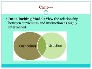 Cont---
 Inter-locking Model: View the relationship
between curriculum and instruction as highly
intertwined.
 