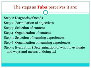 The steps as Taba perceives it are:
Step 1: Diagnosis of needs
Step 2: Formulation of objectives
Step 3: Selection of content
Step 4: Organization of content
Step 5: Selection of learning experiences
Step 6: Organization of learning experiences
Step 7: Evaluation (Determination of what to evaluate
and ways and means of doing it.)
 