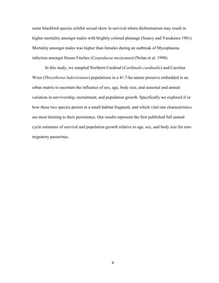 4
some blackbird species exhibit sexual skew in survival where dichromatism may result in
higher mortality amongst males with brightly colored plumage (Searcy and Yasukawa 1981).
Mortality amongst males was higher than females during an outbreak of Mycoplasma
infection amongst House Finches (Carpodacus mexicanus) (Nolan et al. 1998).
In this study, we sampled Northern Cardinal (Cardinalis cardinalis) and Carolina
Wren (Thryothorus ludovicianus) populations in a 41.7-ha nature preserve embedded in an
urban matrix to ascertain the influence of sex, age, body size, and seasonal and annual
variation in survivorship, recruitment, and population growth. Specifically we explored if or
how these two species persist in a small habitat fragment, and which vital rate characteristics
are most limiting to their persistence. Our results represent the first published full annual
cycle estimates of survival and population growth relative to age, sex, and body size for non-
migratory passerines.
 