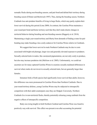 15
nomadic flocks during non-breeding seasons, and pair bond and defend their territory during
breeding season (Filliater and Breitwisch 1997). Thus, during the breeding season, Northern
Cardinals lose anti-predator benefits of living in large flocks, which may partly explain their
lower survival during this period (Lima 2009). In contrast, the Carolina Wren maintains a
year-round pair bond and home territory such that they don't make drastic changes in
territorial behavior during breeding and non-breeding seasons (Haggerty et al. 2014).
Maintaining a single year-round territory and liberty from demands of finding a mate for pair
bonding may make breeding a less costly endeavor for Carolina Wrens relative to Cardinals.
We suggest that lower survival in male Northern Cardinals may be due to costs
associated with bright-red plumage, larger size and generally elevated exposure to predators.
Sexually selected traits in males, like carotenoid pigmentation, are not only costly to produce,
but also may increase predation risk (McGraw et al. 2005). Unfortunately, we could not
ascertain sex for many captured Carolina Wrens to examine sexually mediated differences in
survival where males do not invest in sexually selected traits, but are generally larger than
females.
Immature birds of both species had significantly lower survival than adults; however,
this difference was more pronounced in Carolina Wrens than Northern Cardinals. Due to
year-round territory defense, young Carolina Wrens may be subjected to intraspecific
competition with their adult counterparts once they are fledged. Conversely, Northern
Cardinals live in non-territorial flocks, thereby potentially releasing young cardinals from the
negative effects of intraspecific competition.
Body size (wing length) in both Northern Cardinal and Carolina Wren was found to
positively vary with survival. This effect was present even after accounting for potential
 