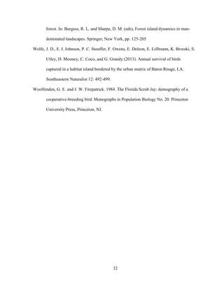 32
forest. In: Burgess, R. L. and Sharpe, D. M. (eds), Forest island dynamics in man-
dominated landscapes. Springer, New York, pp. 125-205
Wolfe, J. D., E. I. Johnson, P. C. Stouffer, F. Owens, E. Deleon, E. Liffmann, K. Brzeski, S.
Utley, D. Mooney, C. Coco, and G. Grandy (2013). Annual survival of birds
captured in a habitat island bordered by the urban matrix of Baton Rouge, LA.
Southeastern Naturalist 12: 492-499.
Woolfenden, G. E. and J. W. Fitzpatrick. 1984. The Florida Scrub Jay: demography of a
cooperative-breeding bird. Monographs in Population Biology No. 20. Princeton
University Press, Princeton, NJ.
 
