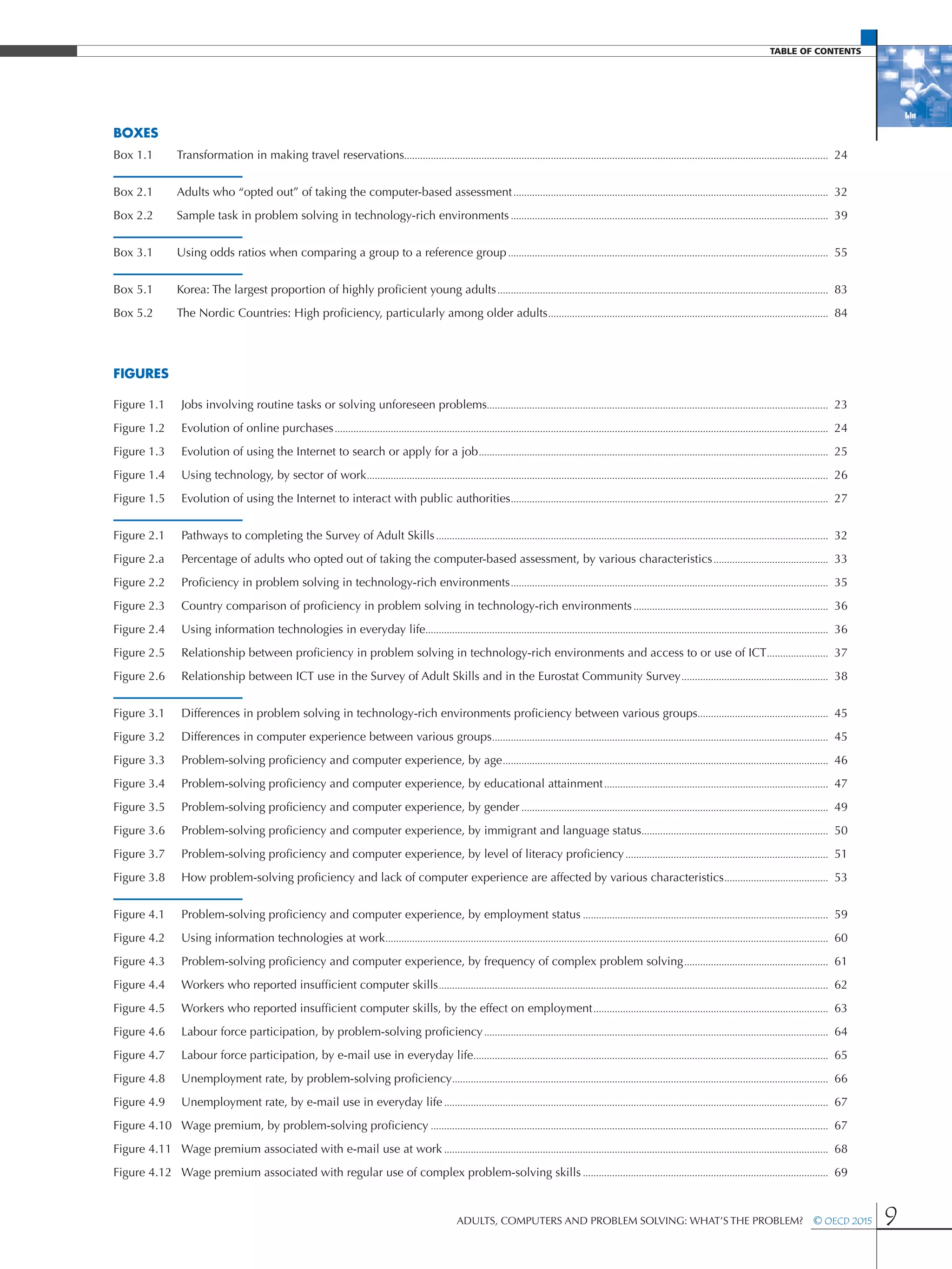 Table of contents
Adults, Computers and Problem Solving: What’s the Problem?  © OECD 2015 9
BOXES
Box 1.1	 Transformation in making travel reservations��������������������������������������������������������������������������������������������������������������������������������������������������������������  24
Box 2.1	 Adults who “opted out” of taking the computer-based assessment����������������������������������������������������������������������������������������������������������������������  32
Box 2.2	 Sample task in problem solving in technology-rich environments�����������������������������������������������������������������������������������������������������������������������  39
Box 3.1	 Using odds ratios when comparing a group to a reference group������������������������������������������������������������������������������������������������������������������������  55
Box 5.1	 Korea: The largest proportion of highly proficient young adults����������������������������������������������������������������������������������������������������������������������������  83
Box 5.2	 The Nordic Countries: High proficiency, particularly among older adults���������������������������������������������������������������������������������������������������������  84
FIGURES
Figure 1.1	 Jobs involving routine tasks or solving unforeseen problems�������������������������������������������������������������������������������������������������������������������������������  23
Figure 1.2	 Evolution of online purchases�����������������������������������������������������������������������������������������������������������������������������������������������������������������������������������������  24
Figure 1.3	 Evolution of using the Internet to search or apply for a job�����������������������������������������������������������������������������������������������������������������������������������  25
Figure 1.4	 Using technology, by sector of work�����������������������������������������������������������������������������������������������������������������������������������������������������������������������������  26
Figure 1.5	 Evolution of using the Internet to interact with public authorities�����������������������������������������������������������������������������������������������������������������������  27
Figure 2.1	 Pathways to completing the Survey of Adult Skills���������������������������������������������������������������������������������������������������������������������������������������������������  32
Figure 2.a	 Percentage of adults who opted out of taking the computer-based assessment, by various characteristics�������������������������������������������  33
Figure 2.2	 Proficiency in problem solving in technology-rich environments�����������������������������������������������������������������������������������������������������������������������  35
Figure 2.3	 Country comparison of proficiency in problem solving in technology-rich environments�������������������������������������������������������������������������  36
Figure 2.4	 Using information technologies in everyday life�������������������������������������������������������������������������������������������������������������������������������������������������������  36
Figure 2.5	 Relationship between proficiency in problem solving in technology-rich environments and access to or use of ICT�����������������������  37
Figure 2.6	 Relationship between ICT use in the Survey of Adult Skills and in the Eurostat Community Survey�������������������������������������������������������  38
Figure 3.1	 Differences in problem solving in technology-rich environments proficiency between various groups�������������������������������������������������  45
Figure 3.2	 Differences in computer experience between various groups������������������������������������������������������������������������������������������������������������������������������  45
Figure 3.3	 Problem-solving proficiency and computer experience, by age��������������������������������������������������������������������������������������������������������������������������  46
Figure 3.4	 Problem-solving proficiency and computer experience, by educational attainment������������������������������������������������������������������������������������  47
Figure 3.5	 Problem-solving proficiency and computer experience, by gender�������������������������������������������������������������������������������������������������������������������  49
Figure 3.6	 Problem-solving proficiency and computer experience, by immigrant and language status����������������������������������������������������������������������  50
Figure 3.7	 Problem-solving proficiency and computer experience, by level of literacy proficiency����������������������������������������������������������������������������  51
Figure 3.8	 How problem-solving proficiency and lack of computer experience are affected by various characteristics���������������������������������������  53
Figure 4.1	 Problem-solving proficiency and computer experience, by employment status��������������������������������������������������������������������������������������������  59
Figure 4.2	 Using information technologies at work����������������������������������������������������������������������������������������������������������������������������������������������������������������������  60
Figure 4.3	 Problem-solving proficiency and computer experience, by frequency of complex problem solving������������������������������������������������������  61
Figure 4.4	 Workers who reported insufficient computer skills��������������������������������������������������������������������������������������������������������������������������������������������������  62
Figure 4.5	 Workers who reported insufficient computer skills, by the effect on employment����������������������������������������������������������������������������������������  63
Figure 4.6	 Labour force participation, by problem-solving proficiency���������������������������������������������������������������������������������������������������������������������������������  64
Figure 4.7	 Labour force participation, by e-mail use in everyday life�������������������������������������������������������������������������������������������������������������������������������������  65
Figure 4.8	 Unemployment rate, by problem-solving proficiency���������������������������������������������������������������������������������������������������������������������������������������������  66
Figure 4.9	 Unemployment rate, by e-mail use in everyday life������������������������������������������������������������������������������������������������������������������������������������������������  67
Figure 4.10	 Wage premium, by problem-solving proficiency�����������������������������������������������������������������������������������������������������������������������������������������������������  67
Figure 4.11	 Wage premium associated with e-mail use at work������������������������������������������������������������������������������������������������������������������������������������������������  68
Figure 4.12	 Wage premium associated with regular use of complex problem-solving skills��������������������������������������������������������������������������������������������  69
 
