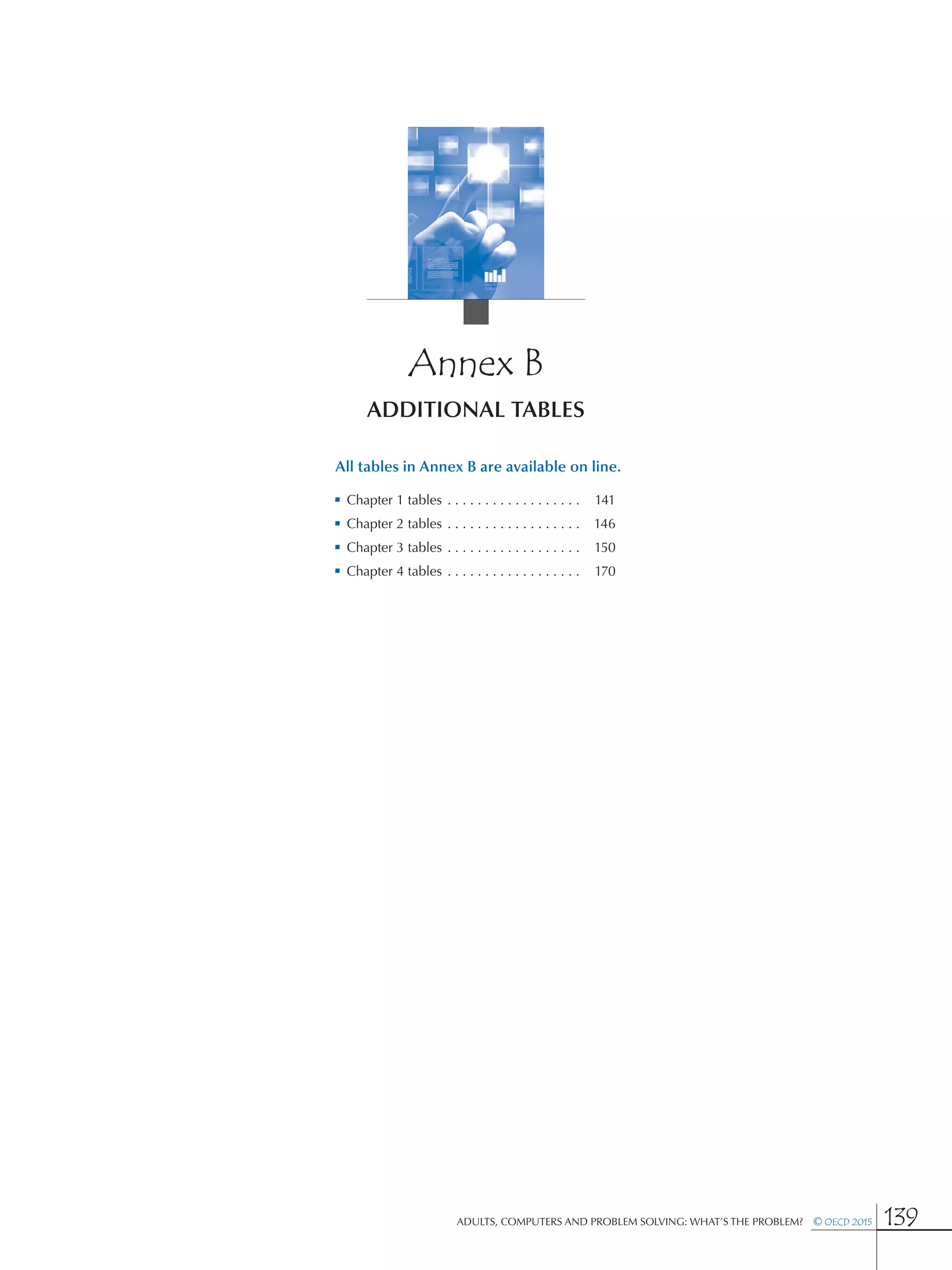 Adults, Computers and Problem Solving: What’s the Problem?  © OECD 2015 139
Annex B
additional TABLES
All tables in Annex B are available on line.
•• Chapter 1 tables . . . . . . . . . . . . . . . . . . . 	141
•• Chapter 2 tables . . . . . . . . . . . . . . . . . . . 	146
•• Chapter 3 tables . . . . . . . . . . . . . . . . . . . 	150
•• Chapter 4 tables . . . . . . . . . . . . . . . . . . . 	170
 
