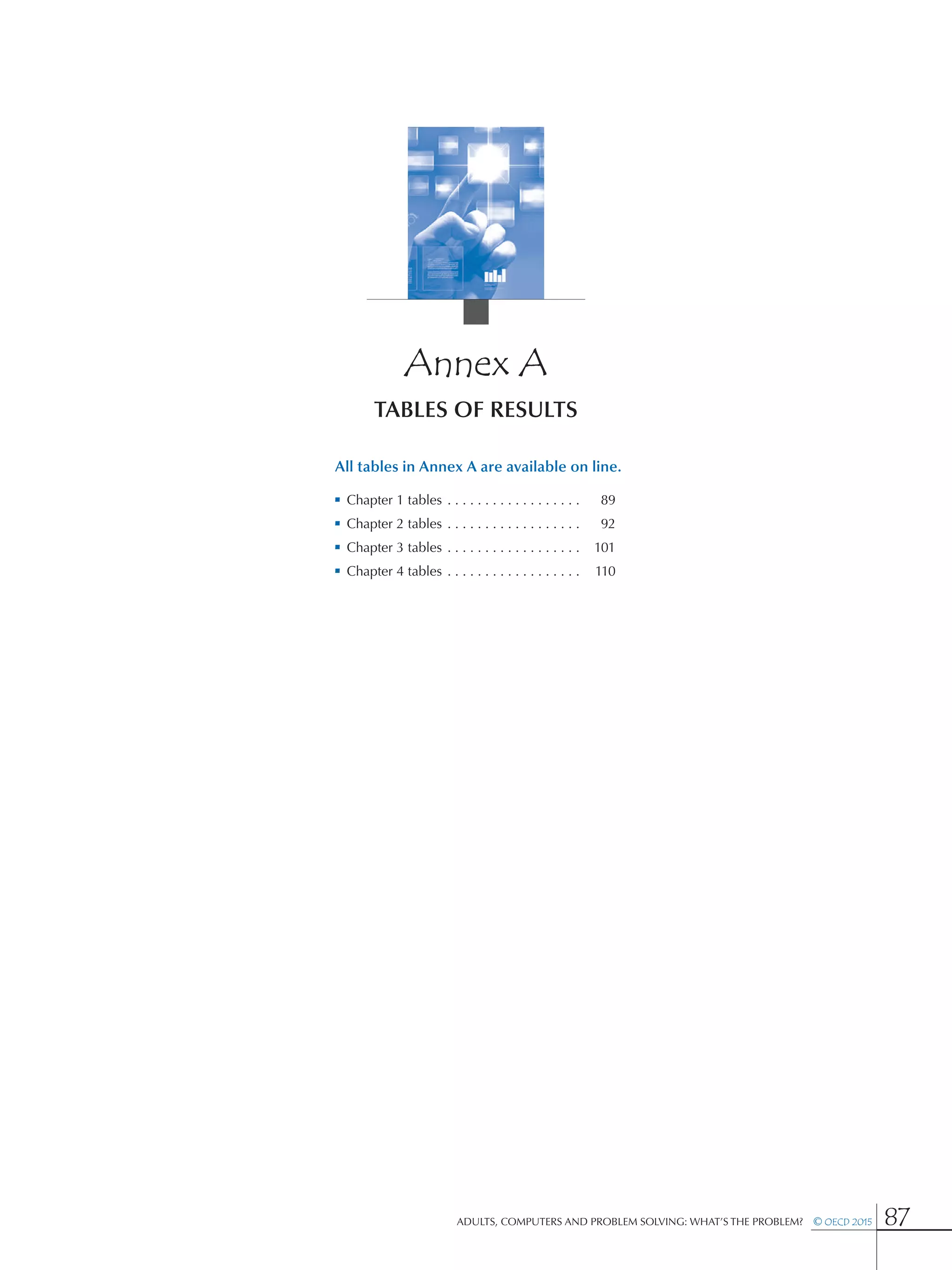 Adults, Computers and Problem Solving: What’s the Problem?  © OECD 2015 87
Annex A
TABLES OF RESULTS
All tables in Annex A are available on line.
•• Chapter 1 tables . . . . . . . . . . . . . . . . . . . 	89
•• Chapter 2 tables . . . . . . . . . . . . . . . . . . . 	92
•• Chapter 3 tables . . . . . . . . . . . . . . . . . . . 	101
•• Chapter 4 tables . . . . . . . . . . . . . . . . . . . 	110
 