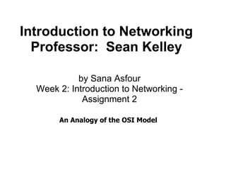 Introduction to Networking  Professor:  Sean Kelley          An Analogy of the OSI Model by Sana Asfour Week 2: Introduction to Networking - Assignment 2 
