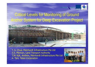 Critical Levels for Monitoring of Ground
Anchor System for Deep Excavation Project
T. S. Chua, Meinhardt Infrastructure Pte Ltd
S.S. Marican, Land Transport Authority
T.W. Kok, Andrew, Meinhardt Infrastructure Pte Ltd
K. Tani, Taisei Corporation
C424 of KPE
 