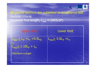 All ground anchors are subjected to acceptance test
Passing criteria:
Apparent free length, Lapp = (AEδ/∆P)
Upper limit Lower limit
Lapp < Ltf +Le +0.5Ltb
or
Lapp< 1.10Ltf + Le
Whichever is larger
Lapp> 0.8Ltf +Le
17
 