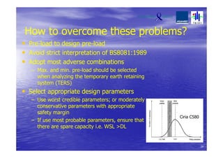 How to overcome these problems?
• Pre-load to design pre-load
• Avoid strict interpretation of BS8081:1989
• Adopt most adverse combinations
– Max. and min. pre-load should be selected
when analyzing the temporary earth retaining
system (TERS)
• Select appropriate design parameters
– Use worst credible parameters; or moderately
conservative parameters with appropriate
safety margin
– If use most probable parameters, ensure that
there are spare capacity i.e. WSL >DL
24
Ciria C580
 