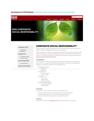 Development	of	CSR	Website	-	http://www.ddn.com/corporate-social-responsibility/	
	
	
	
	
	
	
 