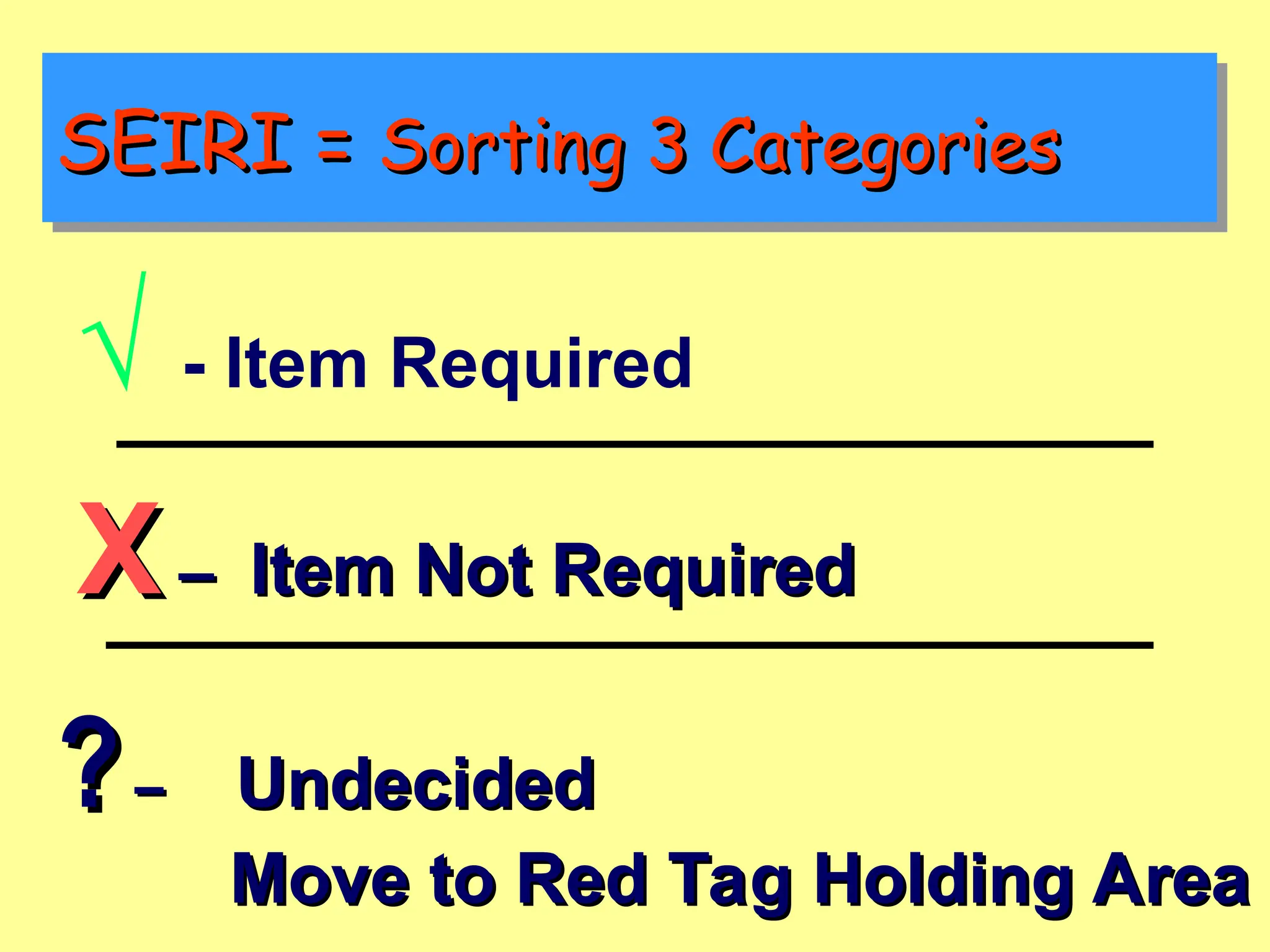 SEIRI =
SEIRI = Sorting 3 Categories
Sorting 3 Categories
√ - Item Required
X
X –
– Item Not Required
Item Not Required
?
?–
– Undecided
Undecided
Move to Red Tag Holding Area
Move to Red Tag Holding Area
 