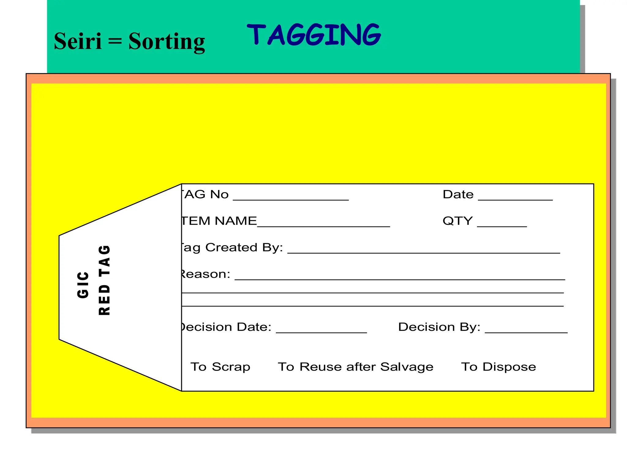Seiri = Sorting TAGGING
TAG No ______________ Date _________
ITEM NAME________________ QTY ______
Tag Created By: _________________________________
Reason: ________________________________________
_______________________________________________
_______________________________________________
Decision Date: ___________ Decision By: __________
To Scrap To Reuse after Salvage To Dispose
G
IC
R
E
D
T
A
G
 