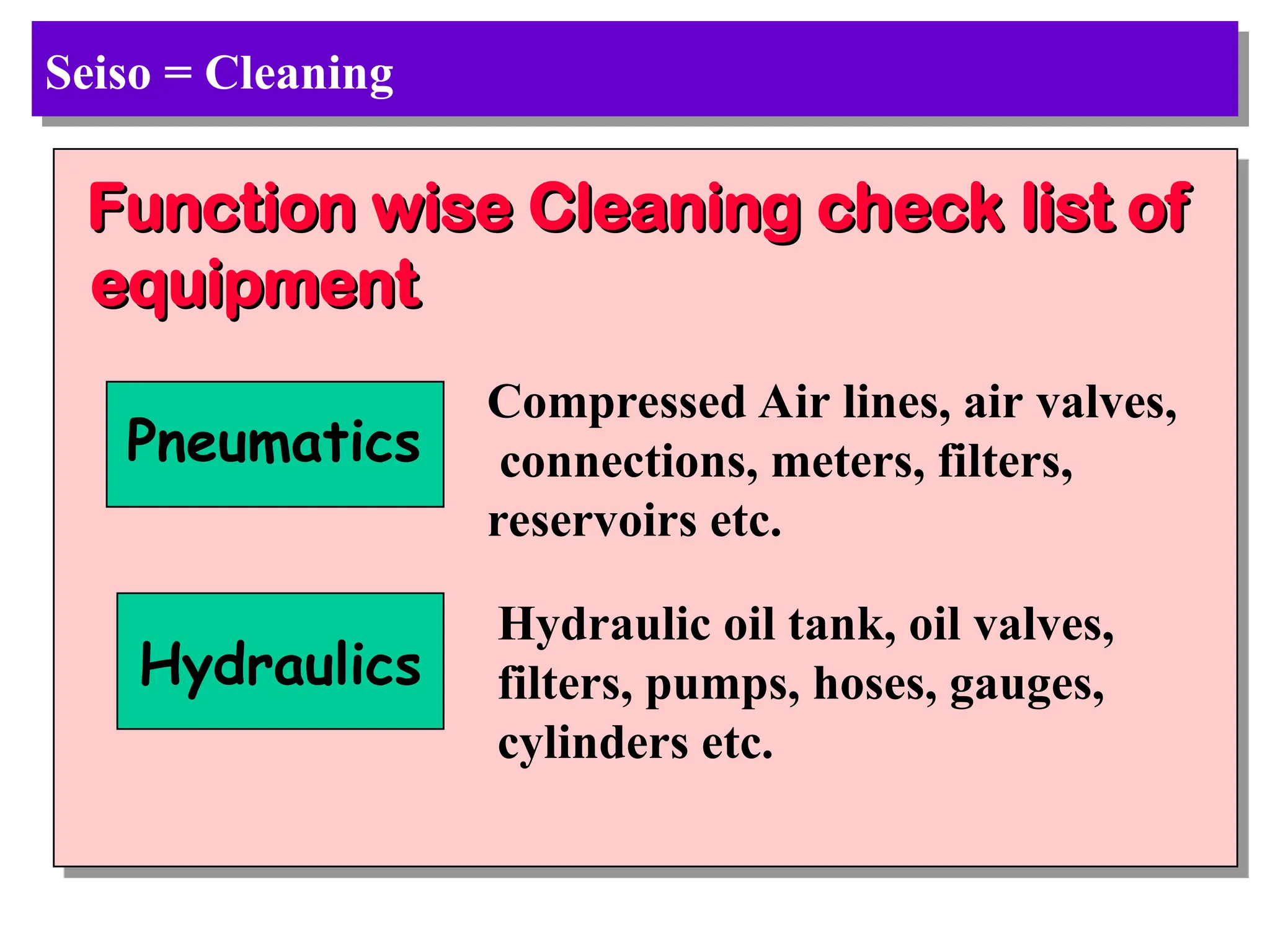 Seiso = Cleaning
Function wise Cleaning check list of
Function wise Cleaning check list of
equipment
equipment
Pneumatics
Hydraulics
Compressed Air lines, air valves,
connections, meters, filters,
reservoirs etc.
Hydraulic oil tank, oil valves,
filters, pumps, hoses, gauges,
cylinders etc.
 