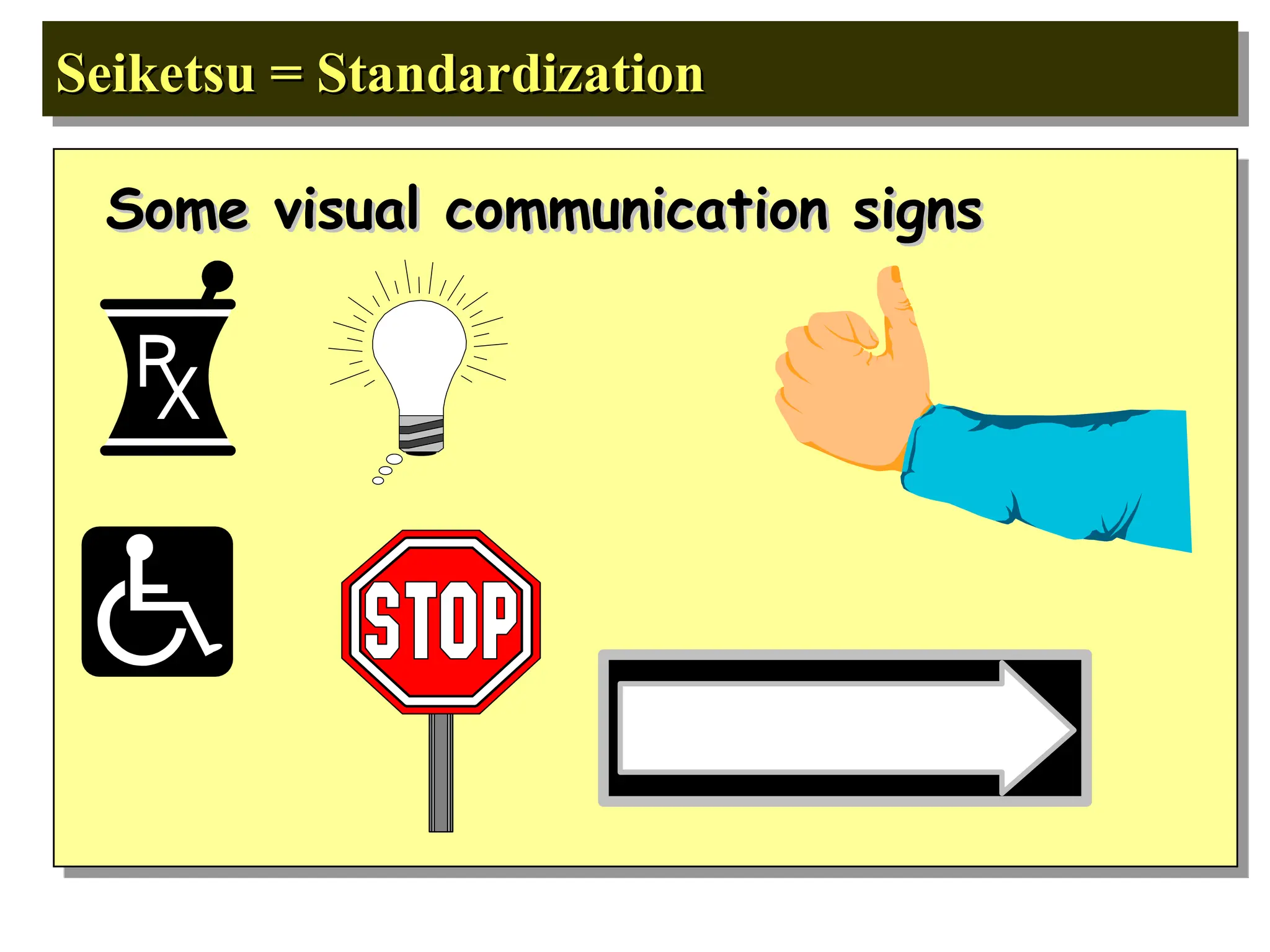 Seiketsu = Standardization
Seiketsu = Standardization
Some visual communication signs
Some visual communication signs
 