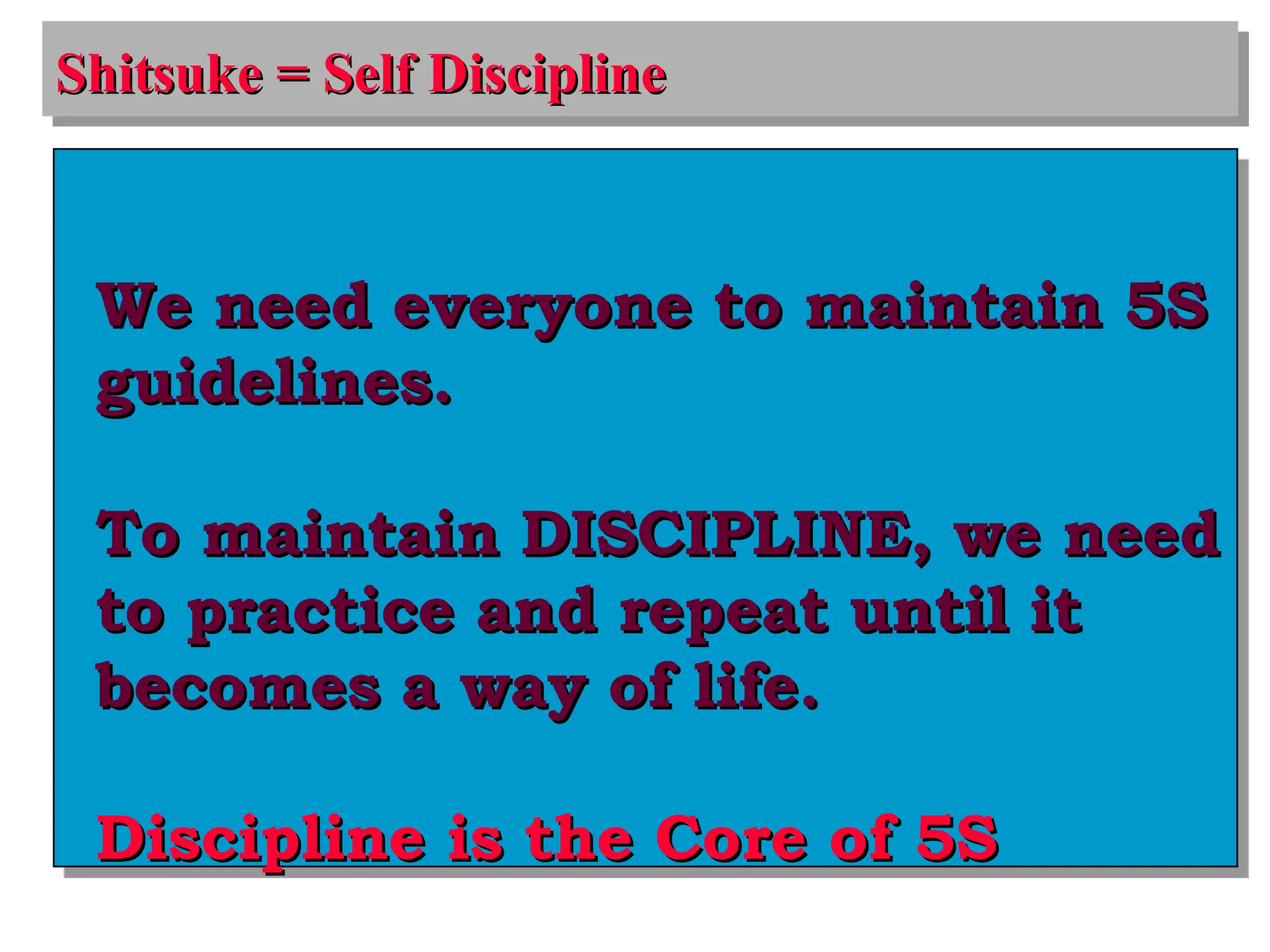 Shitsuke = Self Discipline
Shitsuke = Self Discipline
We need everyone to maintain 5S
We need everyone to maintain 5S
guidelines.
guidelines.
To maintain DISCIPLINE, we need
To maintain DISCIPLINE, we need
to practice and repeat until it
to practice and repeat until it
becomes a way of life.
becomes a way of life.
Discipline is the Core of 5S
Discipline is the Core of 5S
 