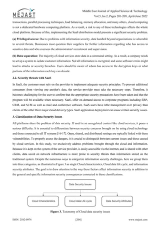 Middle East Journal of Applied Science & Technology
Vol.5, Iss.2, Pages 201-209, April-June 2022
ISSN: 2582-0974 [204] www.mejast.com
transactions, parallel processing techniques, load balancing, memory allocation, and many others, cloud computing
is not a dedicated hardware computing platform. As a result, a risk to any of these technologies affects the whole
cloud platform. Because of this, implementing the SaaS distribution model presents a significant security problem.
(a) Privileged access: Due to problems with information security, data handled beyond organizations is vulnerable
to several threats. Businesses must question their suppliers for further information regarding who has access to
sensitive data and who oversees the administrators' recruitment and supervision.
(b) Data separation: The majority of cloud services store data in a communal setting. As a result, a company needs
to set up a system to isolate customer information. Not all information is encrypted, and some software errors might
lead to attacks or security breaches. Users should be aware of whom has access to the decryption keys or what
portions of the information each key can decode.
2.2. Security threats with SaaS
In SaaS, the customer must rely on the provider to implement adequate security principles. To prevent additional
consumers from viewing one another's data, the service provider must take the necessary steps. Therefore, it
becomes challenging for the user to confirm that the appropriate security precautions have been taken and that the
program will be available when necessary. SaaS, offer on-demand access to corporate programs including ERP,
CRM, and SCM as well as mail and conference software. SaaS users have little management over privacy than
clients of the other three major cloud delivery types. SaaS application deployment can cause certain security issues.
3. Classification of Data Security Issues
All platforms share the problem of data security. If used in an unregulated context like cloud services, it poses a
serious difficulty. It is essential to differentiate between security concerns brought on by using cloud technology
and those connected to all IT systems [16-17]. Open, shared, and distributed settings are typically linked with these
vulnerabilities. To properly assess the dangers, it is crucial to distinguish between current issues and those caused
by cloud services. In this study, we exclusively address problems brought through the cloud and information.
Because it is kept on the system of the service provider, is easily accessible via the internet, and is shared with other
clients, data saved on network infrastructure is more prone to security threats than information stored on the
traditional system. Despite the numerous ways to categorize information security challenges, here we group them
into three categories, as illustrated in Figure 3 as single Cloud characteristics, Cloud data life cycle, and information
security attributes. The goal is to draw attention to the way these factors affect information security in addition to
the general and specific information security consequences connected to these classifications.
Figure 3. Taxonomy of Cloud data security issues
 