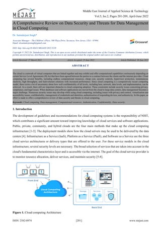 Middle East Journal of Applied Science & Technology
Vol.5, Iss.2, Pages 201-209, April-June 2022
ISSN: 2582-0974 [201] www.mejast.com
A Comprehensive Review on Data Security and Threats for Data Management
in Cloud Computing
Dr. Satinderjeet Singh*
Associate Manager – The Children’s Place, 500 Plaza Drive, Secaucus, New Jersey, USA – 07094.
Email: drsatinderjetsingh@gmail.com
DOI: http://doi.org/10.46431/MEJAST.2022.5220
Copyright © 2022 Dr. Satinderjeet Singh. This is an open access article distributed under the terms of the Creative Commons Attribution License, which
permits unrestricted use, distribution, and reproduction in any medium, provided the original author and source are credited.
Article Received: 27 March 2022 Article Accepted: 25 June 2022 Article Published: 30 June 2022
1. Introduction
The development of guidelines and recommendations for cloud computing systems is the responsibility of NIST,
which contributes a significant amount toward improving knowledge of cloud services and software applications.
Public, private, community, and hybrid clouds are the four main methods that make up the cloud computing
infrastructure [1-3]. The deployment models show how the cloud servers may be used to be delivered by the data
centers [4]. Infrastructure as a Service (IaaS), Platform as a Service (PaaS), and Software as a Service are the three
cloud service architectures or delivery types that are offered to the user. For these service models in the cloud
infrastructure, several security levels are necessary. The broad selection of services that are taken into account in the
cloud's fundamental characteristics layer and is accessible via the internet. The goal of the cloud service provider is
to monitor resource allocation, deliver services, and maintain security [5-8].
Figure 1. Cloud computing Architecture
ABSTRACT
The cloud is a network of virtual computers that are linked together and may exhibit and offer computational capabilities continuously depending on
certain Service Level Agreements (SLAs) that have been agreed between the parties to a contract between the clients and the internet provider. Cloud
computing has several benefits, including endless computational resources, cheap cost, security controls, hypervisor protection, instantaneous
elasticity, high throughput, and fault-tolerant solutions with increased performance. Since cloud computing is a comparatively recent computing
model, there exists a lot of uncertainty about how well confidentiality of all levels, including host, network, data levels, and implementation, can be
achieved. As a result, there still are important obstacles to cloud computing adoption. These constraints include security issues concerning privacy,
compliance, and legal issues. When databases and software applications are moved from the cloud to large data centers, data management becomes a
major challenge. Numerous security issues may develop while using cloud computing, including issues with privacy and control, virtualization and
accessibility issues, confidentiality, management of credentials and identities, authentication of responding devices, and authenticity. In this paper, an
effort is made to offer a comprehensive review of data security and threats in cloud computing.
Keywords: Cloud computing, Data management, Computational resources, Authentication, Confidentiality, Data security.
 