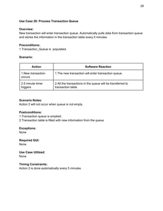 29 
Use Case 28: Process Transaction Queue 
 
Overview: 
New transaction will enter transaction queue. Automatically pulls data from transaction queue 
and stores the information in the transaction table every 5 minutes. 
 
Preconditions: 
1.Transaction_Queue is  populated. 
 
Scenario: 
 
Action  Software Reaction 
1.New transaction 
occurs 
1.The new transaction will enter transaction queue. 
2.5 minute timer 
triggers 
2.All the transactions in the queue will be transferred to 
transaction table. 
 
 
Scenario Notes: 
Action 2 will not occur when queue is not empty. 
 
Postconditions: 
1.Transaction queue is emptied. 
2.Transaction table is filled with new information from the queue 
 
Exceptions: 
None 
 
Required GUI: 
None 
 
Use Case Utilized: 
None 
 
Timing Constraints: 
Action 2 is done automatically every 5 minutes. 
 
 
 
 
 
 