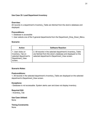 31 
 
Use Case 35: Load Department Inventory 
 
 
Overview: 
All records in a department’s Inventory_Table are fetched from the store’s database and 
displayed. 
 
Preconditions: 
1. Database is accessible 
1. User selects one of the 5 general departments from the Department_Drop_Down_Menu.  
 
Scenario: 
 
Action  Software Reaction 
1. User clicks on 
Inventory_Tab on 
selected department’s 
Department_View 
screen. 
2. All records in the selected department’s Inventory_Table 
are fetched from the store’s database and displayed on the 
selected department’s Department_View screen. 
 
 
Scenario Notes: 
 
Postconditions: 
1. All records in the selected department’s Inventory_Table are displayed on the selected 
department’s Department_View screen. 
 
Exceptions: 
­ Database is not accessable. System alerts user and does not display inventory.  
 
Required GUI: 
­ Inventory_Tab 
 
Use Case Utilized: 
None 
 
Timing Constraints: 
None 
 
 
 
 