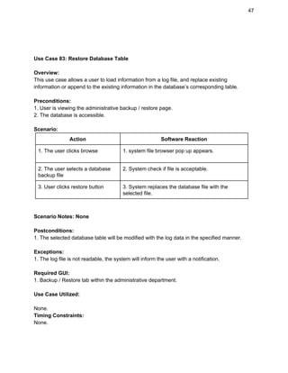 47 
 
 
 
Use Case 83: Restore Database Table 
 
Overview: 
This use case allows a user to load information from a log file, and replace existing 
information or append to the existing information in the database’s corresponding table. 
 
Preconditions: 
1. User is viewing the administrative backup / restore page. 
2. The database is accessible. 
 
Scenario: 
Action  Software Reaction 
1. The user clicks browse  1. system file browser pop up appears. 
 
2. The user selects a database 
backup file  
2. System check if file is acceptable.  
 
3. User clicks restore button  3. System replaces the database file with the 
selected file. 
 
 
Scenario Notes: None 
 
Postconditions: 
1. The selected database table will be modified with the log data in the specified manner. 
 
Exceptions: 
1. The log file is not readable, the system will inform the user with a notification. 
 
Required GUI: 
1. Backup / Restore tab within the administrative department. 
 
Use Case Utilized: 
 
None. 
Timing Constraints: 
None. 
 
 