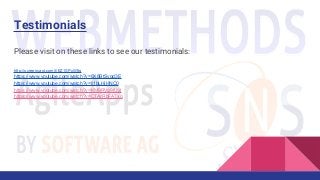 Testimonials
Please visit on these links to see our testimonials:
http://screencast.com/t/EZ1SPxW8g
https://www.youtube.com/watch?v=8X8BtSvgd3E
https://www.youtube.com/watch?v=li1bLHjHNC0
https://www.youtube.com/watch?v=KM9RVg9fUzI
https://www.youtube.com/watch?v=CTArRbFATxg
 