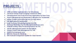PROJECTS :
● CRM and Order implementation for SchoolLoop.
● Constant Contact Email Campaign module for DMG.
● Unemployment Cost Control Services Application for Dunn Corp.
● Assets Management and Equipment Calibration for Techmaster.
● adidas Custom Uniform Design tool for AdiCustom.
● HR Application for basiconline.
● Junk Car Donor Accounting System for ADS.
● Activator Marketing Tool for Mastermindsoftware.com.
● Funeral Funding Claim Processing System for FFC.
● Vendor Management System for BeachMint.
● Hunger Project Data Management for THP.
● QUADS for qisinspect.com.
● EMSI for Economic Modeling.
● FAS Funeral Arrangement System for Casa Funeral.
 