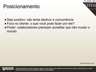 Seja significativo
●Empreender é querer mudar o futuro
●Crie um mantra com um toque pessoal
●Apresente o Produto Mínimo Viável
●Defina o modelo de negócios
●Crie um cronograma contendo: tarefas, data para conclusão,
prioridade e responsáveis
 
