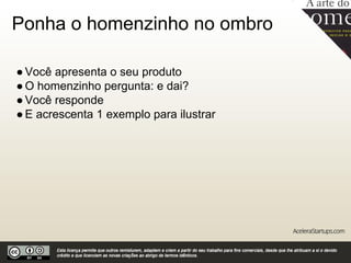 Sobre a Acelera Startups
A Acelera Startups é uma empresa voltada para a educação
empreendedora que promove eventos e workshops voltados para a
integração entre facilitadores, mentores, empreendedores,
consultores e estudantes que queiram montar um negócio inovador
usando as metodologias mais utilizadas no mundo para o
desenvolvimento de startups. Em seu roteiro estão técnicas muito
conhecidas como: Canvas do modelo de negócios, mapa da empatia,
desenvolvimento de clientes, design thinking e Lean Startup. Entre
seus produtos estão: workshops, treinamentos para facilitadores e um
jogo de cartas para orientar a criação de um novo negócio.
 