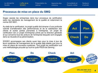 © SOGEC Sarl
Sogec assiste les entreprises dans leur processus de certification
selon les standards de management de la qualité et notamment la
norme ISO 9001.
Au-delà de la certification, le projet qualité doit émaner d’une profonde
volonté d’amélioration des performances et de la satisfaction des
clients et autres parties prenantes à l’entreprise. Un projet de
certification est un projet d’entreprise prôné par la direction générale
et qui concerne tous les acteurs de l’entreprise lesquels sont engagés
dans sa réussite et sa pérennisation.
SOGEC accompagne ses clients aussi bien pour la mise à jour de
leurs systèmes de management de la qualité déjà établis que pour la
mise en place de nouveaux systèmes. Tout projet de certification suit
une méthodologie prouvée qui suit le cycle PDCA de Deming :
Offre ISO 9001:2015
4
Processus de mise en place du SMQ
Plan
DoCheck
Act
Planification
du projet
Mise en place
du SMQ
Pré-audit de
certification
Amélioration
du SMQ
Plan Do Check Act
L’offre de la
SOGEC
Consultants et
Experts métier
Présentation du
cabinet
Approche des
missions
Secteurs
d’activité
La démarche
Qualité
 