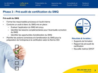 © SOGEC Sarl
Pré-audit du SMQ
• Former les responsables processus à l’audit interne
• Conduire un audit à blanc du SMQ mis en place :
– Evaluer l’application du SMQ tel conçu
– Identifier les besoins complémentaires pour l’éventuelle correction
du SMQ
– Identifier les opportunités d’amélioration du SMQ
• Planifier les actions correctives et d’amélioration du SMQ pour la
préparation de l’entreprise à la certification selon la Norme ISO
9001:2015.
Offre ISO 9001:2015
7
Résultats & livrables :
• Supports de formation
• Rapport de pré-audit de
certification
• Nouvelle matrice SWOT
Phase 3 : Pré-audit de certification du SMQ
Plan
DoCheck
Act
L’offre de la
SOGEC
Consultants et
Experts métier
Présentation du
cabinet
Approche des
missions
Secteurs
d’activité
La démarche
Qualité
 