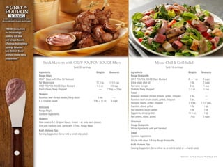 Steak Skewers with GREY POUPON ROUGE Mayo
Directions
Rouge Mayo
Combine ingredients.
Skewers
Coat meat in A.1. Original Sauce; thread 1 oz. onto each skewer.
Grill until medium-rare. Serve with 2 Tbsp. Rouge Mayo.
Kraft Kitchens Tips
Serving Suggestion: Serve with a small side salad.
Ingredients	 Weights	Measures
Rouge Mayo
KRAFT Mayo with Olive Oil Reduced
Fat Mayonnaise	 11.3 oz.	 1-1/3 cup
GREY POUPON ROUGE Dijon Mustard	 5.7 oz.	 2/3 cup
Fresh chives, finely chopped	 —	 2 Tbsp. + 2 tsp.
Skewers
Boneless beef rib-eye steaks, thinly sliced	 3 lbs.	 —
A.1. Original Sauce	 1 lb. + 11 oz.	 3 cups
Yield: 32 servings
Mixed Chill & Grill Salad
Directions
Rouge Vinaigrette
Whisk ingredients until well blended.
Salad
Combine ingredients.
Drizzle with about 1/4 cup Rouge Vinaigrette.
Kraft Kitchens Tips
Serving Suggestion: Serve either as an entrée salad or a shared salad.
Ingredients	 Weights	Measures
Rouge Vinaigrette
GREY POUPON ROUGE Dijon Mustard	 1 lb. + 1 oz.	 2 cups
Extra-virgin olive oil	 1 lb.	 2 cups
Red wine vinegar	 8 oz.	 1 cup
Shallots, finely chopped	 5.7 oz.	 1 cup
Salad
Boneless skinless chicken breasts, grilled, chopped	 3 lbs.	 —
Boneless beef sirloin steaks, grilled, chopped	 3 lbs.	 —
Romaine hearts, grilled, chopped	 2.5 lbs.	 1-1/2 gals.
Zucchini, sliced, grilled	 1 lb.	 1 qt.
Red peppers, sliced, grilled	 1 lb.	 1 qt.
Eggplants, sliced, grilled	 11.6 oz.	 1 qt.
Red onions, sliced, grilled	 11 oz.	 2 cups
Yield: 16 servings
TREND: Consumers
are increasingly
seeking out new
and unique flavors.
Offerings highlighting
synergy between
two distinct flavor
profiles create menu
uniqueness.8
8 Technomic, The Flavor Consumer Trend Report, 2013
 