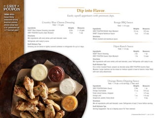 9 Datassential MenuTrends™—July 10, 2014
Orange-Bistro Dipping Sauce
Yield: 1-1/4 qts. or 40 servings, 2 Tbsp. each
Ingredients	 Weights	Measures
GREY POUPON Bistro Sauce	 2 lbs.	 1 qt.
Orange marmalade	 11 oz.	 3/4 cup
Fresh chervil leaves, chopped	 —	 1/2 cup
Orange zest	 1 oz.	 1/4 cup
Gingerroot, peeled, finely diced	 —	 4 tsp.
Directions
Mix all ingredients until well blended; cover. Refrigerate at least 2 hours before serving.
Kraft Kitchens Tips
Serving Suggestion: Use as a dipping sauce for fried calamari.
Country Blue Cheese Dressing
Yield: 1-1/4 gals.
Ingredients	 Weights	Measures
KRAFT Blue Cheese Dressing, pourable	 8 lbs.	 1-1/4 gals.
GREY POUPON Country Dijon Mustard	 8 oz.	 1 cup
Directions
Mix ingredients with wire whisk until well blended; cover.
Refrigerate until ready to serve.
Kraft Kitchens Tips
Dressing can be stored in tightly covered container in refrigerator for up to 4 days.
Rouge BBQ Sauce
Yield: 1-1/4 cups
Ingredients	 Weights	Measures
GREY POUPON ROUGE Dijon Mustard	 6.4 oz.	 3/4 cup
KRAFT Original Barbecue Sauce	 5 oz.	 1/2 cup
Directions
Whisk mustard and barbecue sauce.
Dijon Ranch Sauce
Yield: 1-1/2 qts.
Ingredients	 Weights	Measures
KRAFT Ranch Dressing	 2 lb.	 1 qt.
GREY POUPON Classic Dijon Mustard	 1 lb.	 2 cups
Directions
Mix ingredients with wire whisk until well blended; cover. Refrigerate until ready to use.
Kraft Kitchens Tips
For a richer mustard flavor, prepare as directed using GREY POUPON Country Dijon
Mustard. Larger batches can be mixed on medium speed in bowl of electric mixer fitted
with wire whip attachment.
TREND: Within
Casual Dining
restaurants serving
American cuisines,
chicken wings have
a 32%
penetration (up
1.3%
from last year).9
PMS
287
••••••••
Dip into Flavor
Easily upsell appetizers with premium dips.
 
