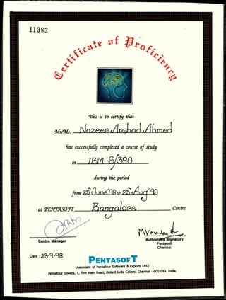 Date : 23- ci -q8
PENTASOFT
(Associate of Pentafour Software & Exports Ltd.)
Pentafour Towers, 1, First Main Road, United India Colony, Chennai 600 024. India.
11383
'This is to certify that
Mr/ Ms. j1)2,PP,11 /APS/1(1J (Afirneci
has successfully completed a course of study
in ty3q0
during the period
441
from 215 (Jone'ci8 to
at PENrAsoFr Enr
Centre Manager Authoriseillignatory
Pentasoft
Chennai.
Centre
 