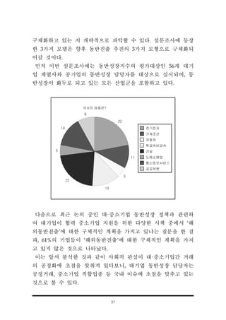 37
구체화하고 있는 지 개략적으로 파악할 수 있다. 설문조사에 등장
한 3가지 모델은 향후 동반진출 추진의 3가지 모형으로 구체화되
어갈 것이다.
먼저 이번 설문조사에는 동반성장지수의 평가대상인 56개 대기
업 계열사와 공기업의 동반성장 담당자를 대상으로 실시되어, 동
반성장이 화두로 되고 있는 모든 산업군을 포함하고 있다.
22
11
5
13
22
5
14
8
귀사의 업종은?
전기전자
기계조선
자동차
학금속비금속
건설
도매소매업
통신정보서비스
공공부분
다음으로 최근 논의 중인 대·중소기업 동반성장 정책과 관련하
여 대기업이 협력 중소기업 지원을 위한 다양한 시책 중에서 ‘해
외동반진출’에 대한 구체적인 계획을 가지고 있냐는 질문을 한 결
과, 61%의 기업들이 ‘해외동반진출’에 대한 구체적인 계획을 가지
고 있지 않은 것으로 나타났다.
이는 앞서 분석한 것과 같이 사회적 관심이 대·중소기업간 거래
의 공정화에 초점을 맞춰져 있다보니, 대기업 동반성장 담당자는
공정거래, 중소기업 적합업종 등 국내 이슈에 초점을 맞추고 있는
것으로 볼 수 있다.
 