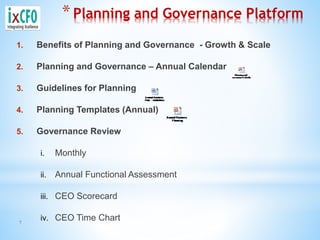 7
*Planning and Governance Platform
1. Benefits of Planning and Governance - Growth & Scale
2. Planning and Governance – Annual Calendar
3. Guidelines for Planning
4. Planning Templates (Annual)
5. Governance Review
i. Monthly
ii. Annual Functional Assessment
iii. CEO Scorecard
iv. CEO Time Chart
 