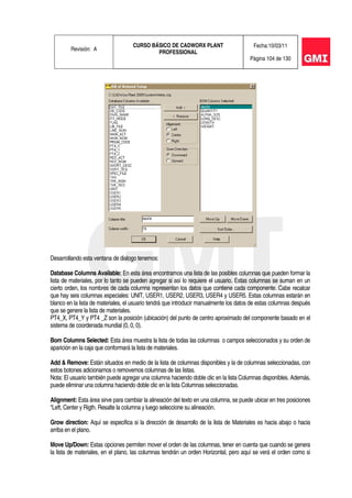 Revisión: A
CURSO BÁSICO DE CADWORX PLANT
PROFESSIONAL
Fecha:10/03/11
Página 104 de 130
Desarrollando esta ventana de dialogo tenemos:
Database Columns Available: En esta área encontramos una lista de las posibles columnas que pueden formar la
lista de materiales, por lo tanto se pueden agregar si así lo requiere el usuario. Estas columnas se suman en un
cierto orden, los nombres de cada columna representan los datos que contiene cada componente. Cabe recalcar
que hay seis columnas especiales: UNIT, USER1, USER2, USER3, USER4 y USER5. Estas columnas estarán en
blanco en la lista de materiales, el usuario tendrá que introducir manualmente los datos de estas columnas después
que se genere la lista de materiales.
PT4_X, PT4_Y y PT4 _Z son la posición (ubicación) del punto de centro aproximado del componente basado en el
sistema de coordenada mundial (0, 0, 0).
Bom Columns Selected: Esta área muestra la lista de todas las columnas o campos seleccionados y su orden de
aparición en la caja que conformará la lista de materiales.
Add & Remove: Están situados en medio de la lista de columnas disponibles y la de columnas seleccionadas, con
estos botones adicionamos o removemos columnas de las listas.
Nota: El usuario también puede agregar una columna haciendo doble clic en la lista Columnas disponibles. Además,
puede eliminar una columna haciendo doble clic en la lista Columnas seleccionadas.
Alignment: Esta área sirve para cambiar la alineación del texto en una columna, se puede ubicar en tres posiciones
“Left, Center y Rigth. Resalte la columna y luego seleccione su alineación.
Grow direction: Aquí se especifica si la dirección de desarrollo de la lista de Materiales es hacia abajo o hacia
arriba en el plano.
Move Up/Down: Estas opciones permiten mover el orden de las columnas, tener en cuenta que cuando se genera
la lista de materiales, en el plano, las columnas tendrán un orden Horizontal, pero aquí se verá el orden como si
 