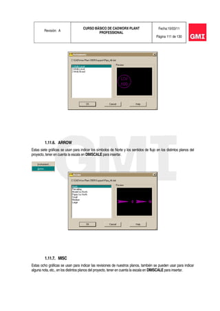 Revisión: A
CURSO BÁSICO DE CADWORX PLANT
PROFESSIONAL
Fecha:10/03/11
Página 111 de 130
1.11.6. ARROW
Estas siete gráficas se usan para indicar los símbolos de Norte y los sentidos de flujo en los distintos planos del
proyecto, tener en cuenta la escala en DIMSCALE para insertar.
1.11.7. MISC
Estas ocho gráficas se usan para indicar las revisiones de nuestros planos, también se pueden usar para indicar
alguna nota, etc., en los distintos planos del proyecto, tener en cuenta la escala en DIMSCALE para insertar.
 
