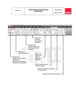 Revisión: A
CURSO BÁSICO DE CADWORX PLANT
PROFESSIONAL
Fecha:10/03/11
Página 12 de 130
Ribbon para
Emisión de Isométricos
CADWorx y
exportación/importación
de datos con CAESAR II
Ribbon para
dimensionamiento
Ribbon para
modelar equipos 3d
de apoyo (sin base
de datos)
Ribbon de
símbolos
para generar
planos 2d
Ribbon para
trabajar con
capas en
funciones de
CADWorx
Ribbon para posicionar
vistas de trabajo
Ribbon para colocar soportes
y restricciones,
Ribbon para posicionar el UCS
 