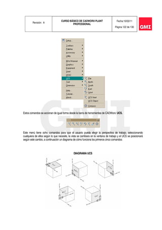 Revisión: A
CURSO BÁSICO DE CADWORX PLANT
PROFESSIONAL
Fecha:10/03/11
Página 122 de 130
Estos comandos se accionan de igual forma desde la barra de herramientas de CADWorx: UCS.
Este menú tiene ocho comandos para que el usuario pueda elegir la perspectiva de trabajo, seleccionando
cualquiera de ellos según lo que necesite, la vista se cambiara en la ventana de trabajo y el UCS se posicionará
según este cambio, a continuación un diagrama de cómo funciona los primeros cinco comandos:
DIAGRAMA UCS
 