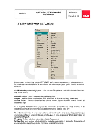 Revisión: A
CURSO BÁSICO DE CADWORX PLANT
PROFESSIONAL
Fecha:10/03/11
Página 30 de 130
1.6. BARRA DE HERRAMIENTAS (TOOLBARS)
Presentamos a continuación el submenú TOOLBARS, aquí podremos ver seis campos o áreas, dentro de
las cuales se encuentran las barras de herramientas que usaremos para poder graficar nuestros accesorios,
estos son:
En el Primer campo tenemos agrupados a todos lo accesorios que tienen como condición usar soldadura a
tope para su armado.
Buttweld: Contiene tubería y accesorios todos soldados a tope.
Flanges: Contiene diversos tipos de bridas, entre ellas bridas de conexión roscada y Socket Weld.
Flgd/BW Valves: Contiene diversos tipos de Válvulas bridadas, algunas contienen también válvulas de
soldadura a Tope.
En el Segundo Campo tenemos agrupadas las herramientas de condición de armado distinta a la de
soldaduras, además de ser en algunos casos de distinto material al acero, estas son:
Lined: Son herramientas de accesorios que tienen extremos bridados, tener en cuenta que se tiene que
crear una especificación para poder trabajar con ellos, pues no están cargadas por defecto para trabajar en
el sistema Metric/Inch.
Fiberglass: Contiene tuberías y accesorios hechos en fibra de vidrio.
Sanitary: Esta barra contiene tubería, accesorios y válvulas para usarse en la disciplina de sanitarias, el
programa contiene especificaciones con información para esta herramienta.
 