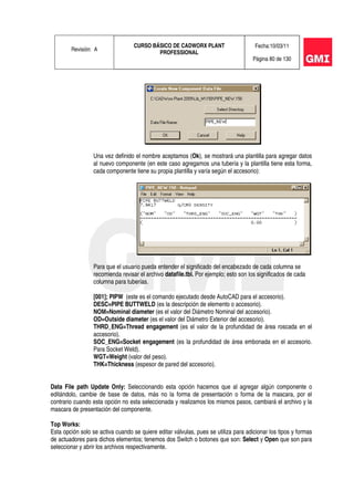 Revisión: A
CURSO BÁSICO DE CADWORX PLANT
PROFESSIONAL
Fecha:10/03/11
Página 80 de 130
Una vez definido el nombre aceptamos (Ok), se mostrará una plantilla para agregar datos
al nuevo componente (en este caso agregamos una tubería y la plantilla tiene esta forma,
cada componente tiene su propia plantilla y varía según el accesorio):
Para que el usuario pueda entender el significado del encabezado de cada columna se
recomienda revisar el archivo datafile.tbl. Por ejemplo; esto son los significados de cada
columna para tuberías.
[001]; PIPW (este es el comando ejecutado desde AutoCAD para el accesorio).
DESC=PIPE BUTTWELD (es la descripción de elemento o accesorio).
NOM=Nominal diameter (es el valor del Diámetro Nominal del accesorio).
OD=Outside diameter (es el valor del Diámetro Exterior del accesorio).
THRD_ENG=Thread engagement (es el valor de la profundidad de área roscada en el
accesorio).
SOC_ENG=Socket engagement (es la profundidad de área embonada en el accesorio.
Para Socket Weld).
WGT=Weight (valor del peso).
THK=Thickness (espesor de pared del accesorio).
Data File path Update Only: Seleccionando esta opción hacemos que al agregar algún componente o
editándolo, cambie de base de datos, más no la forma de presentación o forma de la mascara, por el
contrario cuando esta opción no esta seleccionada y realizamos los mismos pasos, cambiará el archivo y la
mascara de presentación del componente.
Top Works:
Esta opción solo se activa cuando se quiere editar válvulas, pues se utiliza para adicionar los tipos y formas
de actuadores para dichos elementos; tenemos dos Switch o botones que son: Select y Open que son para
seleccionar y abrir los archivos respectivamente.
 