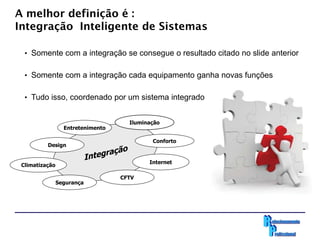 A melhor definição é :
Integração Inteligente de Sistemas

  • Somente com a integração se consegue o resultado citado no slide anterior


  • Somente com a integração cada equipamento ganha novas funções


  • Tudo isso, coordenado por um sistema integrado


                                     Iluminação
                  Entretenimento

                                            Conforto
          Design


                                           Internet
 Climatização

                                   CFTV
                Segurança
 