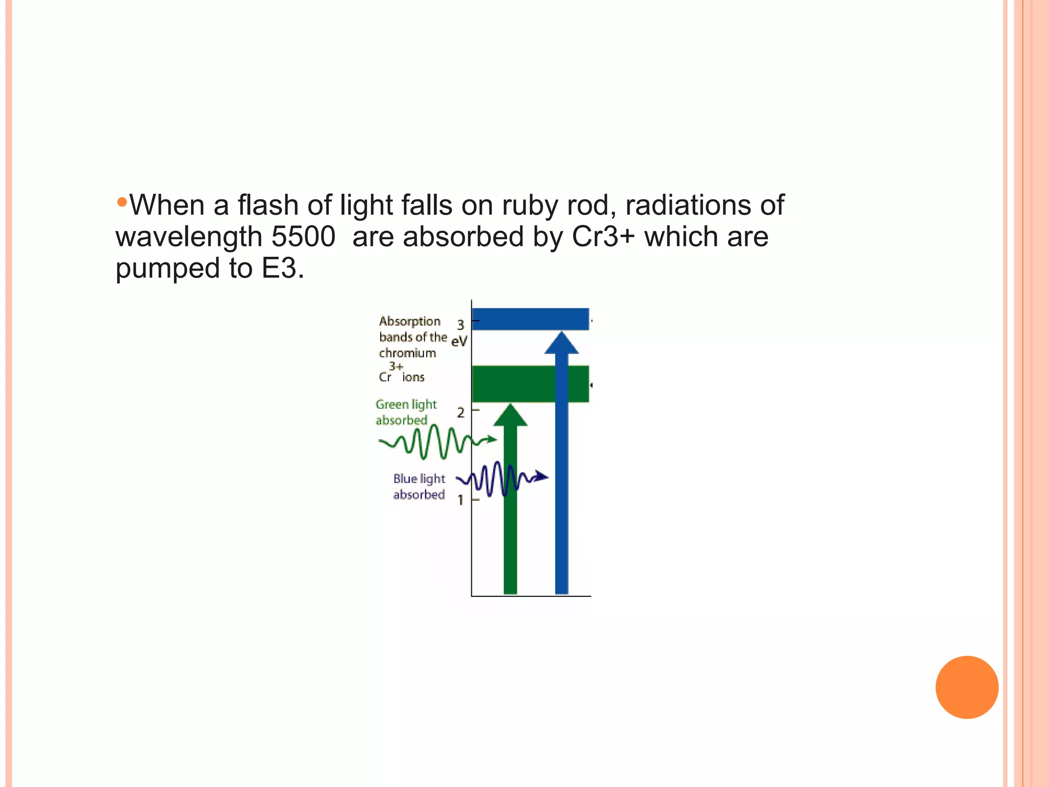 When a flash of light falls on ruby rod, radiations of wavelength 5500  are absorbed by Cr3+ which are pumped to E3.  