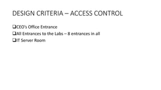 DESIGN CRITERIA – ACCESS CONTROL
CEO’s Office Entrance
All Entrances to the Labs – 8 entrances in all
IT Server Room
 