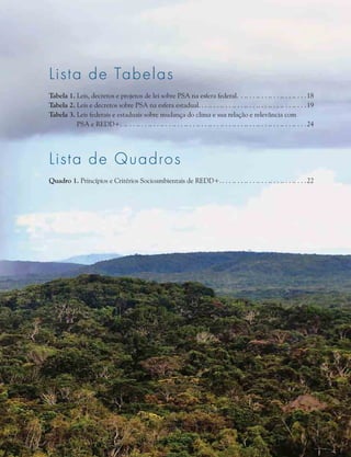 Lista de Tabelas
Tabela 1. Leis, decretos e projetos de lei sobre PSA na esfera federal.. . . . . . . . . . . . . . . . . . . . . . .18
Tabela 2. Leis e decretos sobre PSA na esfera estadual. . .. . . .. . . .. . . .. . . .. . . .. . . .. . . .. . . .. 19
Tabela 3. Leis federais e estaduais sobre mudança do clima e sua relação e relevância com
PSA e REDD+.. .. . . .. . . .. . . .. . . .. . . .. . . .. . . .. . . .. . . .. . . .. . . .. . . .. . . .. . . .. . . 24
Lista de Quadros
Quadro 1. Princípios e Critérios Socioambientais de REDD+.. .. . . .. . . .. . . .. . . .. . . .. . . .. . 22
 