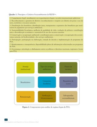 Marco Regulatório sobre Pagamento por Serviços Ambientais no Brasil
22
Quadro 1. Princípios e Critérios Socioambientais de REDD+.
1. Cumprimento legal: atendimento aos requerimentos legais e acordos internacionais aplicáveis.
2. Reconhecimento e garantia de direitos: reconhecimento e respeito aos direitos de posse e uso da
terra, territórios e recursos naturais.
3. Distribuição dos benefícios: distribuição justa, transparente e equitativa dos benefícios que resul-
tarem do pagamento por serviços ambientais.
4. Sustentabilidade Econômica, melhoria da qualidade de vida e redução da pobreza: contribuição
para a diversificação econômica e sustentável do uso dos recursos naturais.
5. Conservação e recuperação ambiental: contribuição para a conservação e recuperação dos ecossis-
temas naturais, da biodiversidade e dos serviços ambientais.
6. Participação: participação na elaboração, tomada de decisão e implementação de programas de
PSA.
7. Monitoramento e transparência: disponibilidade plena de informações relacionadas aos programas
de PSA.
8. Governança: articulação e alinhamento entre as políticas e diretrizes nacionais, regionais e locais
para PSA.
Figura 2. Componentes para análise de regimes legais de PSA.
Arranjo
institucional
Beneficiários
Remuneração
Tipos de serviços
ambientais
Categorias
fundiárias
Verificação e
Monitoramento
Fontes de
recursos
Requisitos de
acesso
Salvaguardas
socioambientais
 