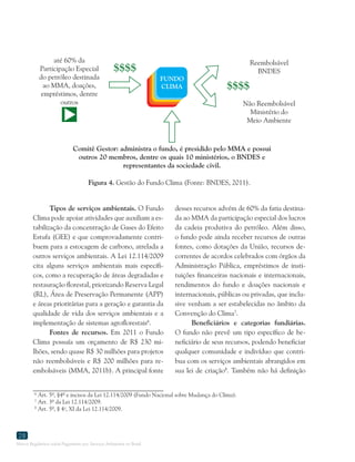 Marco Regulatório sobre Pagamento por Serviços Ambientais no Brasil
28
Tipos de serviços ambientais. O Fundo
Clima pode apoiar atividades que auxiliam a es-
tabilização da concentração de Gases do Efeito
Estufa (GEE) e que comprovadamente contri-
buem para a estocagem de carbono, atrelada a
outros serviços ambientais. A Lei 12.114/2009
cita alguns serviços ambientais mais específi-
cos, como a recuperação de áreas degradadas e
restauração florestal, priorizando Reserva Legal
(RL), Área de Preservação Permanente (APP)
e áreas prioritárias para a geração e garantia da
qualidade de vida dos serviços ambientais e a
implementação de sistemas agroflorestais6
.
Fontes de recursos. Em 2011 o Fundo
Clima possuía um orçamento de R$ 230 mi-
lhões, sendo quase R$ 30 milhões para projetos
não reembolsáveis e R$ 200 milhões para re-
embolsáveis (MMA, 2011b). a principal fonte
Figura 4. Gestão do Fundo Clima (Fonte: BNDES, 2011).
6
Art. 5º, §4º e incisos da Lei 12.114/2009 (Fundo Nacional sobre Mudança do Clima).
7
Art. 3º da Lei 12.114/2009.
8
Art. 5º, § 4o
, XI da Lei 12.114/2009.
desses recursos advém de 60% da fatia destina-
da ao MMA da participação especial dos lucros
da cadeia produtiva do petróleo. Além disso,
o fundo pode ainda receber recursos de outras
fontes, como dotações da União, recursos de-
correntes de acordos celebrados com órgãos da
Administração Pública, empréstimos de insti-
tuições financeiras nacionais e internacionais,
rendimentos do fundo e doações nacionais e
internacionais, públicas ou privadas, que inclu-
sive venham a ser estabelecidas no âmbito da
Convenção do Clima7
.
Beneficiários e categorias fundiárias.
O fundo não prevê um tipo específico de be-
neficiário de seus recursos, podendo beneficiar
qualquer comunidade e indivíduo que contri-
bua com os serviços ambientais abrangidos em
sua lei de criação8
. Também não há definição
até 60% da
Participação Especial
do petróleo destinada
ao MMA, doações,
empréstimos, dentre
outros
Reembolsável
BNDES
$$$$
$$$$
Não Reembolsável
Ministério do
Meio Ambiente
Comitê Gestor: administra o fundo, é presidido pelo MMA e possui
outros 20 membros, dentre os quais 10 ministérios, o BNDES e
representantes da sociedade civil.
FUNDO
CLIMA
 
