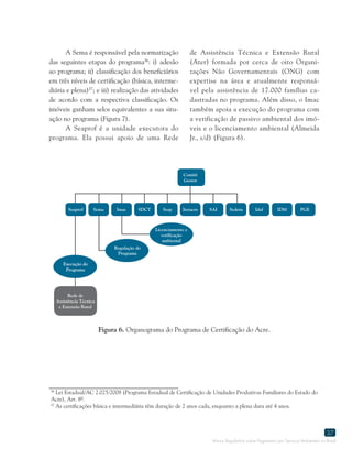 Marco Regulatório sobre Pagamento por Serviços Ambientais no Brasil
37
36
Lei Estadual/AC 2.025/2008 (Programa Estadual de Certificação de Unidades Produtivas Familiares do Estado do
Acre), Art. 8º.
37
As certificações básica e intermediária têm duração de 2 anos cada, enquanto a plena dura até 4 anos.
A Sema é responsável pela normatização
das seguintes etapas do programa36
: i) adesão
ao programa; ii) classificação dos beneficiários
em três níveis de certificação (básica, interme-
diária e plena)37
; e iii) realização das atividades
de acordo com a respectiva classificação. Os
imóveis ganham selos equivalentes a sua situ-
ação no programa (Figura 7).
A Seaprof é a unidade executora do
programa. Ela possui apoio de uma Rede
Figura 6. Organograma do Programa de Certificação do Acre.
de Assistência Técnica e Extensão Rural
(Ater) formada por cerca de oito Organi-
zações Não Governamentais (ONG) com
expertise na área e atualmente responsá-
vel pela assistência de 17.000 famílias ca-
dastradas no programa. Além disso, o Imac
também apoia a execução do programa com
a verificação de passivo ambiental dos imó-
veis e o licenciamento ambiental (Almeida
Jr., s/d) (Figura 6).
Seaprof
Rede de
Assistência Técnica
e Extensão Rural
Sema Imac SDCT Seap Iteracre
Comitê
Gestor
SAI Sedens Idaf IDM PGE
Execução do
Programa
Execução do
Programa
Regulação do
Programa
Licenciamento e
verificação
ambiental
 