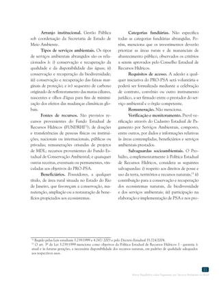 Marco Regulatório sobre Pagamento por Serviços Ambientais no Brasil
51
72
Regido pelas Leis estaduais 3.239/1999 e 4.247/ 2003 e pelo Decreto Estadual 35.724/2004.
73
O art. 3º da Lei 3.239/1999 menciona como objetivos da Política Estadual de Recursos Hídricos: I - garantir, à
atual e às futuras gerações, a necessária disponibilidade dos recursos naturais, em padrões de qualidade adequados
aos respectivos usos.
Arranjo institucional. Gestão Pública
sob coordenação da Secretaria de Estado de
Meio Ambiente.
Tipos de serviços ambientais. Os tipos
de serviços ambientais abrangidos são os rela-
cionados à: i) conservação e recuperação da
qualidade e da disponibilidade das águas; ii)
conservação e recuperação da biodiversidade;
iii) conservação e recuperação das faixas mar-
ginais de proteção; e iv) sequestro de carbono
originado de reflorestamento das matas ciliares,
nascentes e olhos d'água para fins de minimi-
zação dos efeitos das mudanças climáticas glo-
bais.
Fontes de recursos. São previstos re-
cursos provenientes do Fundo Estadual de
Recursos Hídricos (FUNDRHI72
); de doações
e transferências de pessoas físicas ou institui-
ções, nacionais ou internacionais, públicas ou
privadas; remunerações oriundas de projetos
de MDL; recursos provenientes do Fundo Es-
tadual de Conservação Ambiental; e quaisquer
outras receitas, eventuais ou permanentes, vin-
culadas aos objetivos do PRO-PSA.
Beneficiários. Possuidores, a qualquer
título, de área rural situada no Estado do Rio
de Janeiro, que favoreçam a conservação, ma-
nutenção, ampliação ou a restauração de bene-
fícios propiciados aos ecossistemas.
Categorias fundiárias. Não especifica
todas as categorias fundiárias abrangidas. Po-
rém, menciona que os investimentos deverão
priorizar as áreas rurais e de mananciais de
abastecimento público, observados os critérios
a serem aprovados pelo Conselho Estadual de
Recursos Hídricos.
Requisitos de acesso. A adesão a qual-
quer iniciativa do PRO-PSA será voluntária e
poderá ser formalizada mediante a celebração
de contrato, convênio ou outro instrumento
jurídico, a ser firmado entre o prestador do ser-
viço ambiental e o órgão competente.
Remuneração. Não menciona.
Verificação e monitoramento. Prevê ve-
rificação através do Cadastro Estadual de Pa-
gamento por Serviços Ambientais, composto,
entre outros, por dados e informações relativas
às áreas contempladas, beneficiários e serviços
ambientais prestados.
Salvaguardas socioambientais. O Pro-
hidro, complementarmente à Política Estadual
de Recursos Hídricos, considera as seguintes
salvaguardas: i) respeito aos direitos de posse e
uso da terra, territórios e recursos naturais;73
ii)
contribuição para a conservação e recuperação
dos ecossistemas naturais, da biodiversidade
e dos serviços ambientais; iii) participação na
elaboração e implementação de PSA e nos pro-
 