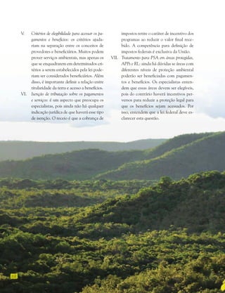 68
V. Critérios de elegibilidade para acessar os pa-
gamentos e benefícios: os critérios ajuda-
riam na separação entre os conceitos de
provedores e beneficiários. Muitos podem
prover serviços ambientais, mas apenas os
que se enquadrarem em determinados cri-
térios a serem estabelecidos pela lei pode-
riam ser considerados beneficiários. Além
disso, é importante definir a relação entre
titularidade da terra e acesso a benefícios.
VI. Isenção de tributação sobre os pagamentos
e serviços: é um aspecto que preocupa os
especialistas, pois ainda não há qualquer
indicação jurídica de que haverá esse tipo
de isenção. O receio é que a cobrança de
impostos retire o caráter de incentivo dos
programas ao reduzir o valor final rece-
bido. A competência para definição de
impostos federais é exclusiva da União.
VII. Tratamento para PSA em áreas protegidas,
APPs e RL: ainda há dúvidas se áreas com
diferentes níveis de proteção ambiental
poderão ser beneficiadas com pagamen-
tos e benefícios. Os especialistas enten-
dem que essas áreas devem ser elegíveis,
pois do contrário haverá incentivos per-
versos para reduzir a proteção legal para
que os benefícios sejam acessados. Por
isso, entendem que a lei federal deve es-
clarecer esta questão.
 